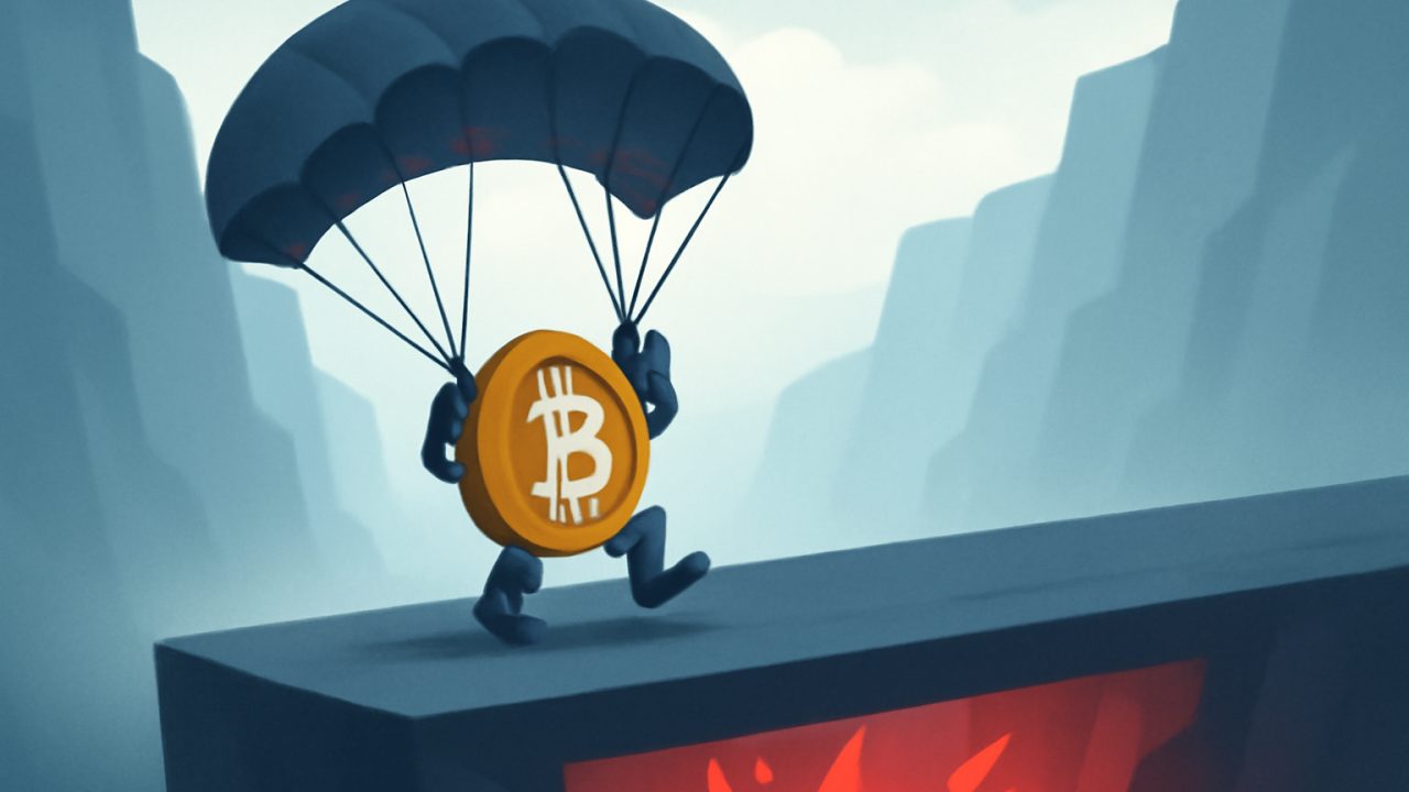 Bitcoin descends under a parachute toward a solid support platform above a red-risk chasm