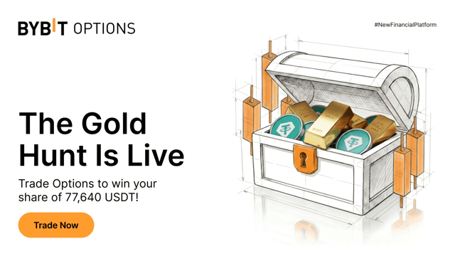Bybit&rsquo;s &ldquo;Gold Hunt&rdquo; promotional banner for XAUT options (June 1&ndash;30, 2026), visually highlighting the 77,640 USDT prize pool &mdash; evidence of Bybit&rsquo;s active incentive program to drive XAUT options volume.
