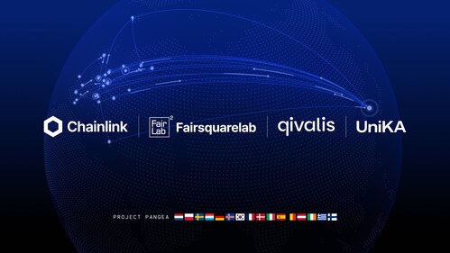 Project Pangea banner (Chainlink, FairSquareLab, Qivalis, UniKA) &mdash; visual from the June 23, 2026 press release illustrating the bank consortia and Chainlink partnership for T+0 stablecoin FX settlement.