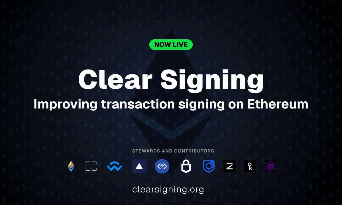 Clear Signing launch banner (May 12, 2026) showing the initiative title and contributor logos — illustrates the wallet-level UX standard and which wallet/security teams are involved.