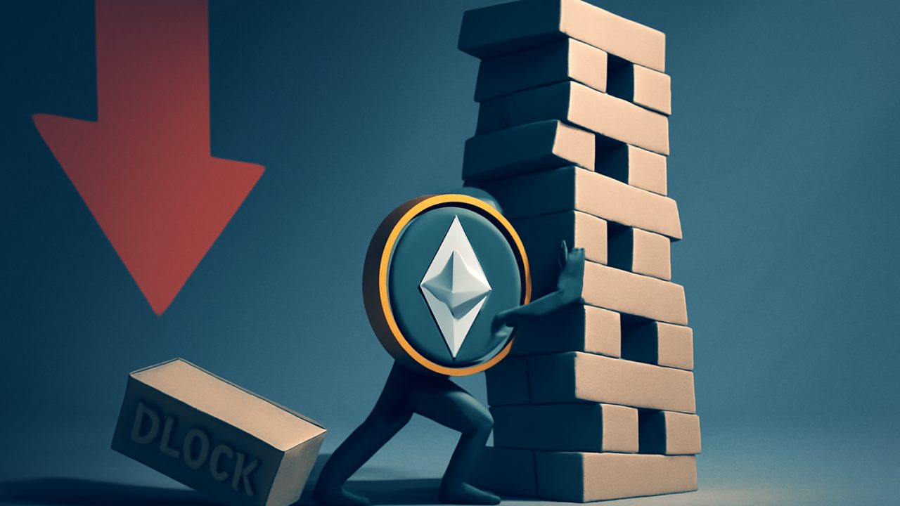 ETH braces a wobbling governance tower under a looming red arrow