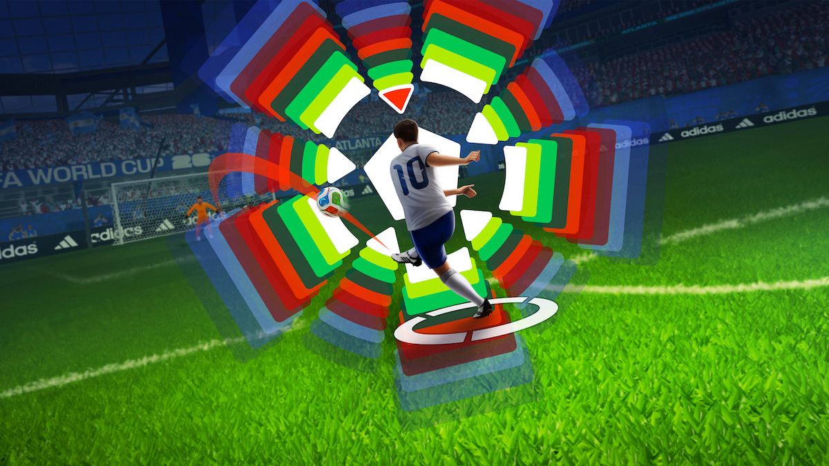 Promotional artwork for FIFA World Cup: Launch Edition illustrating a player and layered on-screen UI &mdash; visually communicates the phone-as-controller / TV-as-stadium mechanic that enables Netflix to distribute the game without app-store installs.