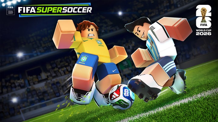 FIFA Super Soccer artwork on Roblox showing World Cup–themed avatars and stadium — demonstrates the Hub’s mainstream, youth‑focused presentation that amplifies reach for sports (and Web3-adjacent) game activations.