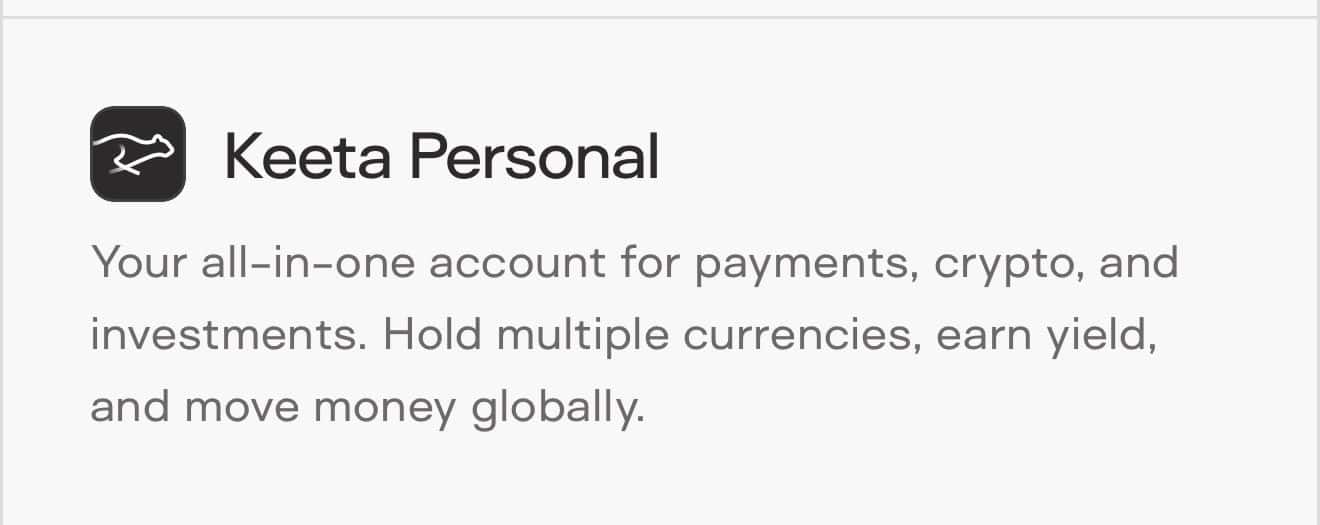 Screenshot of the Keeta Personal demo UI (multi‑currency account view) — shows the consumer banking interface that triggered speculation and could drive on‑chain RWA/payment flows.
