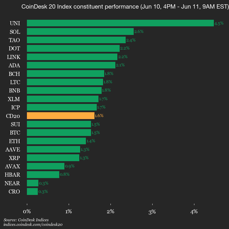 CoinDesk 20 constituent performance chart (Jun 10, 4PM &ndash; Jun 11, 9AM) showing UNI leading the index with +4.5% &mdash; illustrates Uniswap driving a morning rally in the CoinDesk 20.