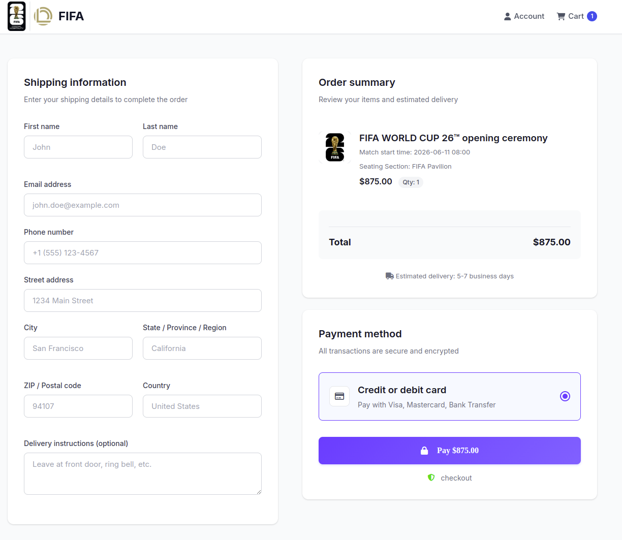 Screenshot from TRM Labs' June 11, 2026 report showing a fake FIFA ticket checkout flow (illustrates how phishing pages capture payments and steer fans toward crypto rails).