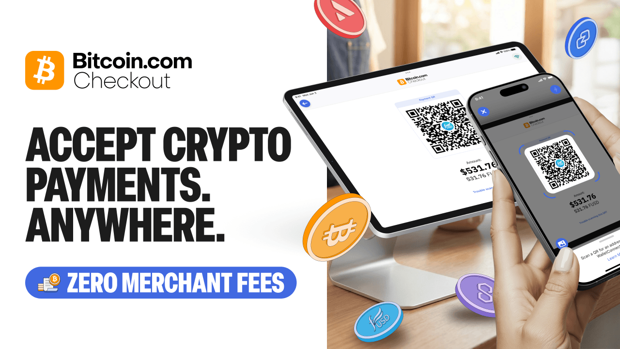 Bitcoin.com Checkout promotional image (June 3, 2026) showing QR-code merchant payment flow and coin icons — illustrates that a mainstream payments product explicitly lists support for privacy-preserving assets (fUSD, ZANO), lowering merchant on‑ramp friction for privacy coins.