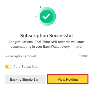 simple earn subscription succesful for